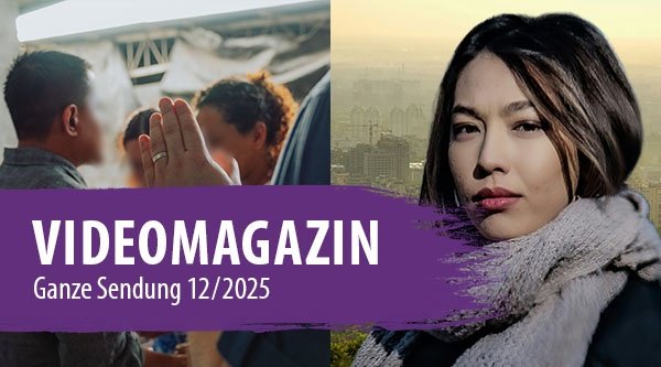 Zwei Bilder mit betenden Menschen und mit einer Frau die in die Kamera schaut