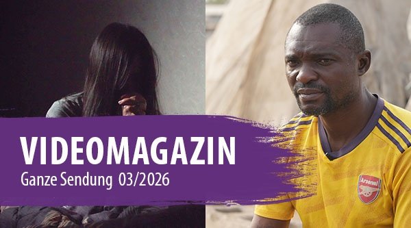 Links betet eine Frau und rechts sitzt ein Mann mit einem gelben Trikot