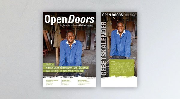 Produktabbildung des Open Doors Monatsmagazins und des Gebetskalenders für den aktuellen Monat.
