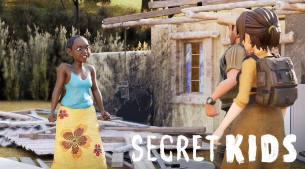 Drei dreidimensional illustrierte Secret Kids stehen vor einer Holzhütte