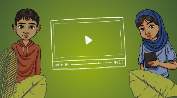 Zwei illustrierte Secret Kids vor einem TV-Icon auf grünem Hintergrund