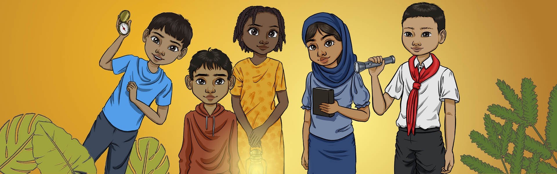 Fünf illustrierte Secret Kids auf goldfarbenem Hintergrund