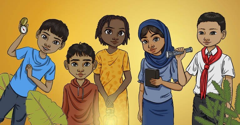 Fünf illustrierte Secret Kids auf goldfarbenem Hintergrund