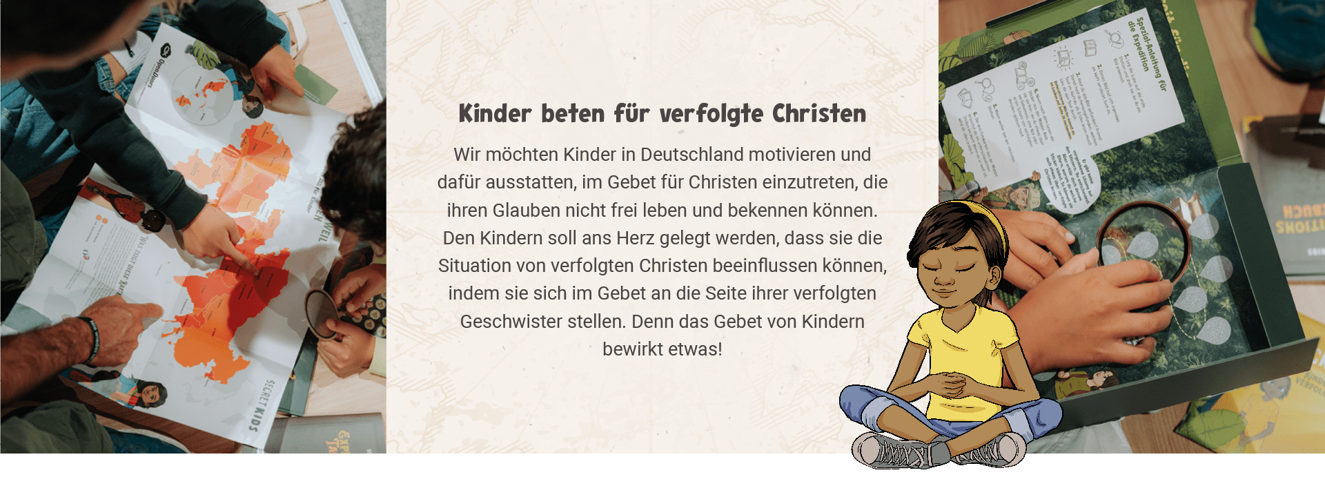 Einleitungstext für Secret Kids mit Bildern von Kindern mit Materialpaketen von Secret Kids
