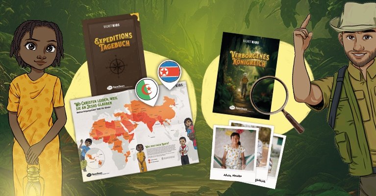 Secret Kids Materialpakete und Personen vor einem grünen Hintergrund