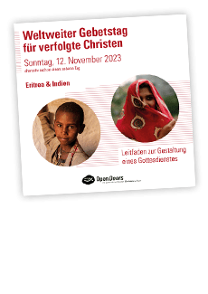 Bestellflyer zum Weltweiten Gebetstag für verfolgte Christen mit rotem Text und den Fotos einer verschleierten indischen Frau und einem Jungen aus Eritrea