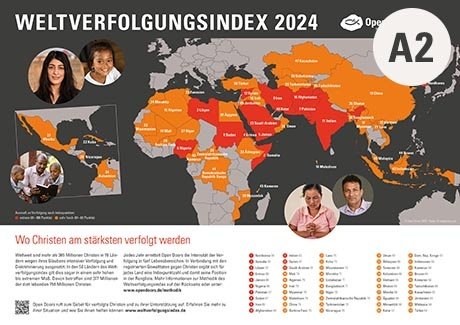Die Kartenansicht des Weltverfolgungsindex 2024 mit verschiedenen Gesichtern und einem A2