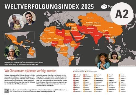Eine Weltkarte deren eingefärbte Länder die Intensität der Christenverfolgung widerspiegeln