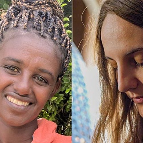 Splitbild zweier junger Frauen - eines zeigt eine lächelnde Äthiopierin und das andere zeigt eine betende Deutsche Frau