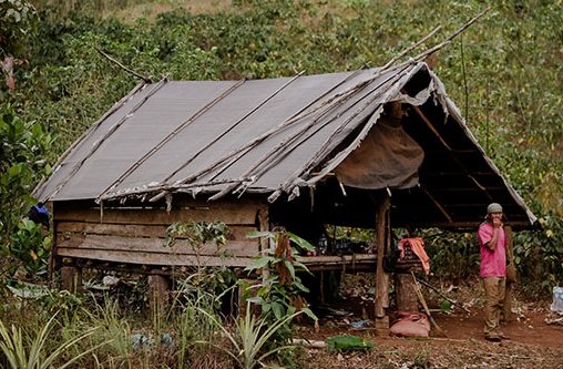 Ein Stelzenhaus in Laos vor einem Wald