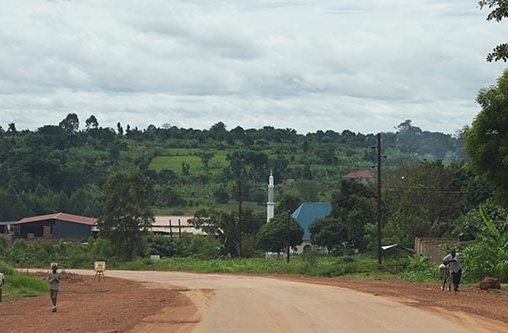Eine Straße führt durch ein Dorf mit einigen Häusern und Bäumen